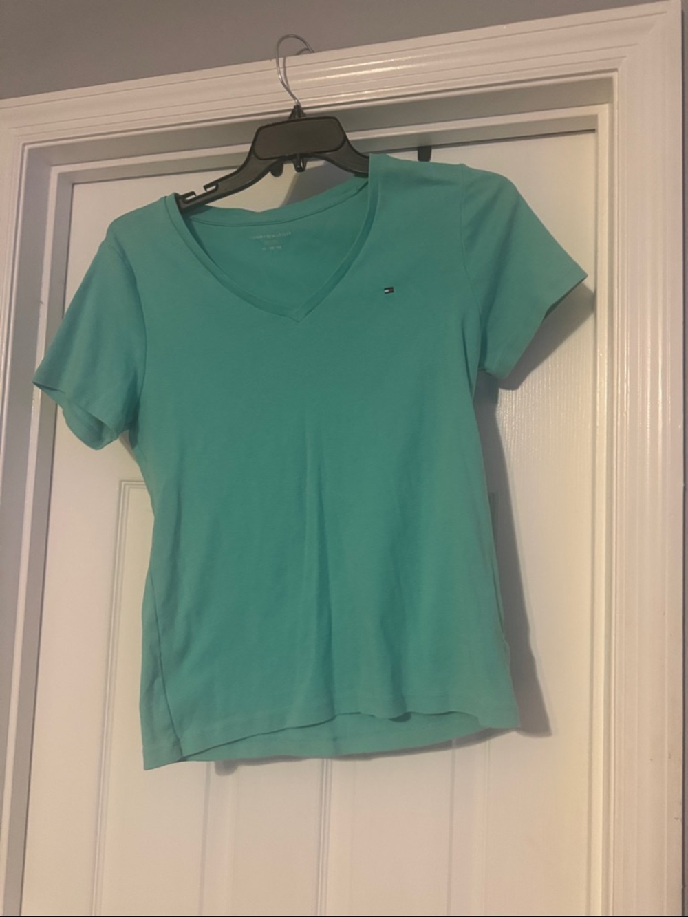 Tommy Hilfiger Teal V-Neck Short Sleeve Tee with Flag Logo